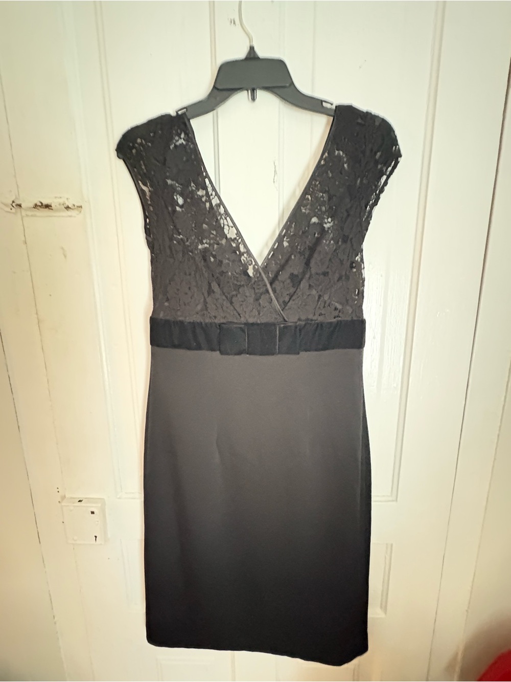 Banana Republic Black cocktail dress, lace v neck w/ #velvetblackbow at waist